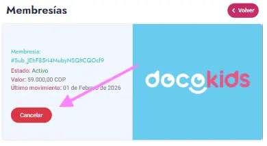 Paso 4 cancelación suscripción - Identifica la suscripción que deseas cancelar y haz click en el botón Cancelar