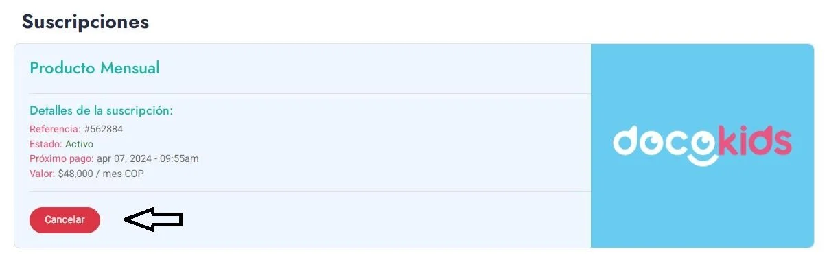 Paso 4 cancelación suscripción - Identifica la suscripción que deseas cancelar y haz click en el botón Cancelar